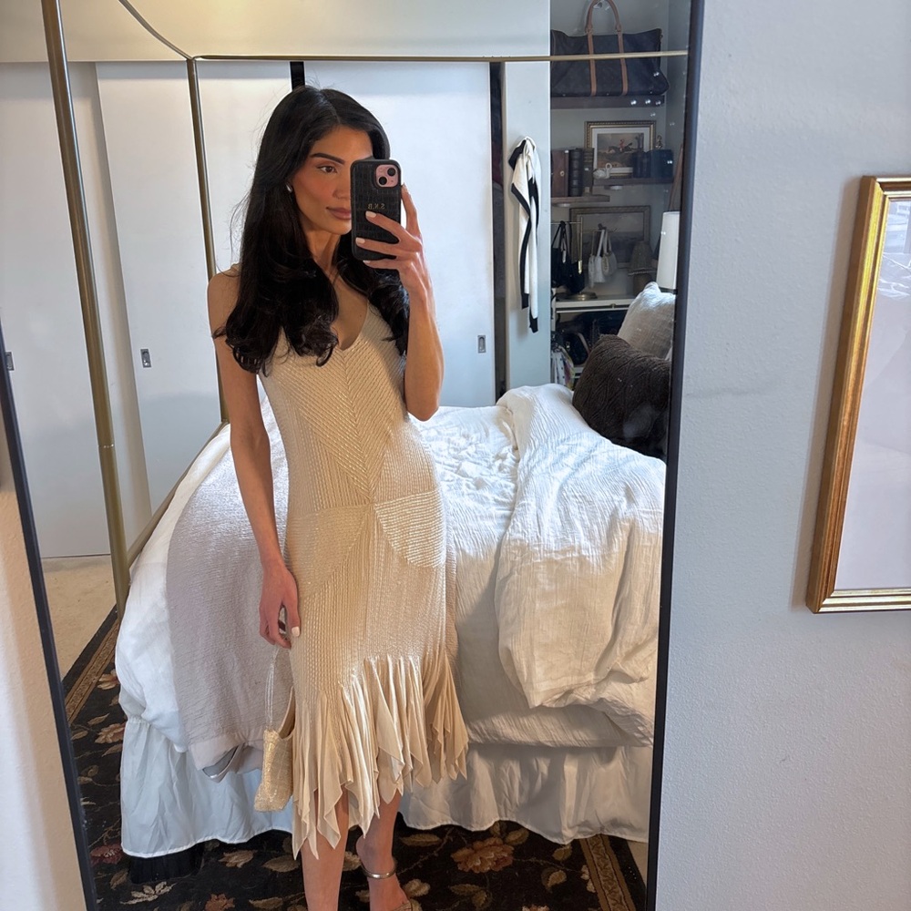 Gryphon NY Beaded Nude Midi Dress Handkerchief